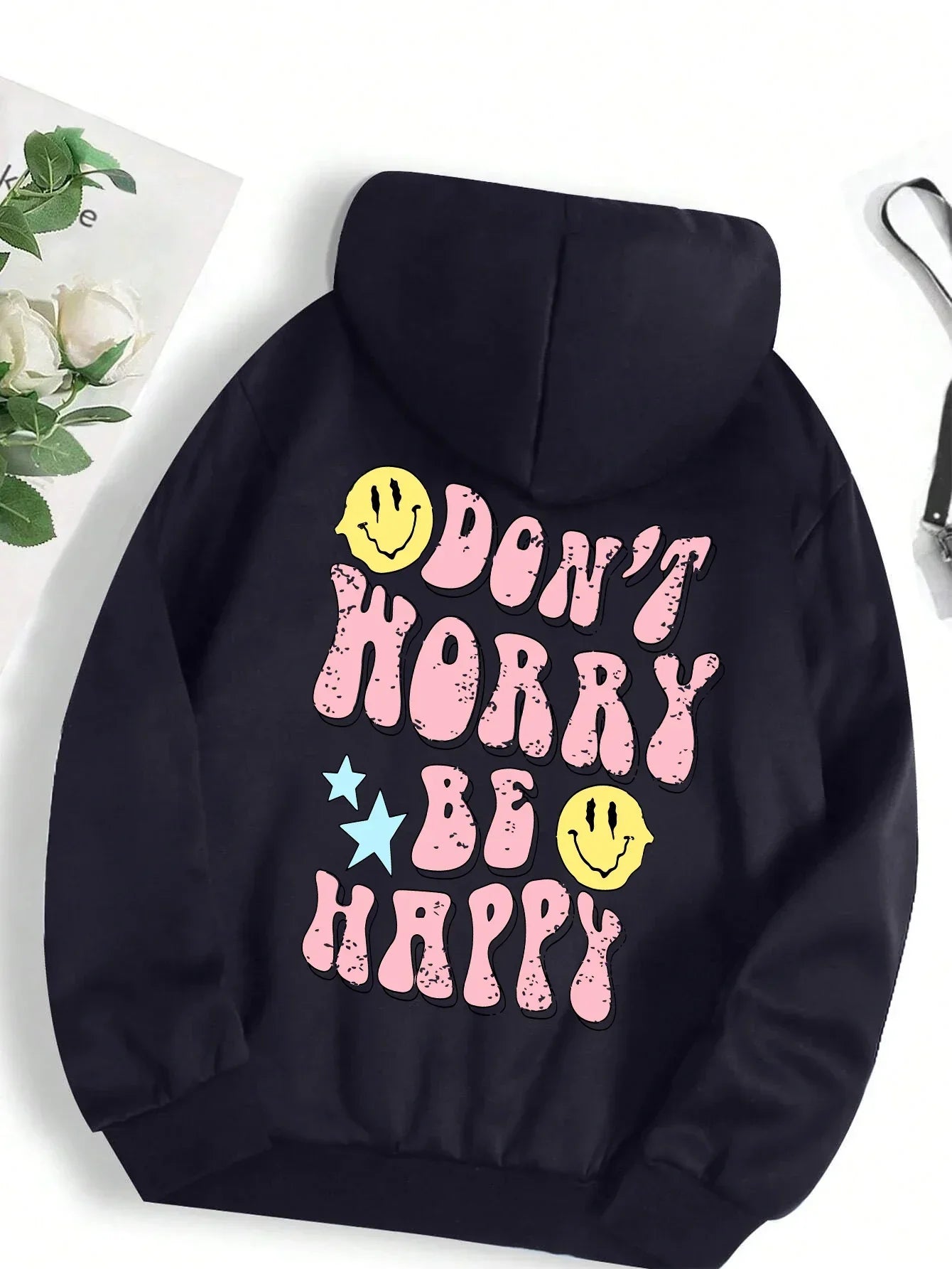 Women's cozy fleece hoodie with fun "Don't Worry Be Happy" print, casual relaxed fit, mood-boosting style