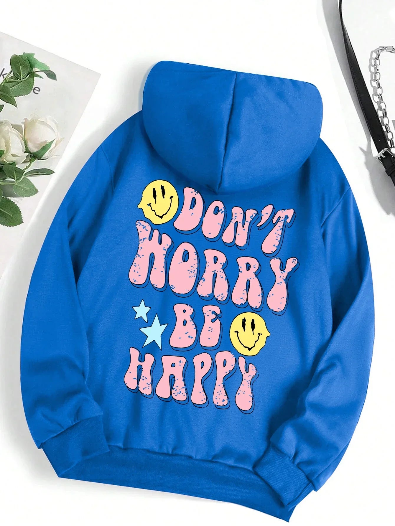 Women's fleece hoodie with fun "Don't Worry Be Happy" print, cozy casual fit in neutral tone