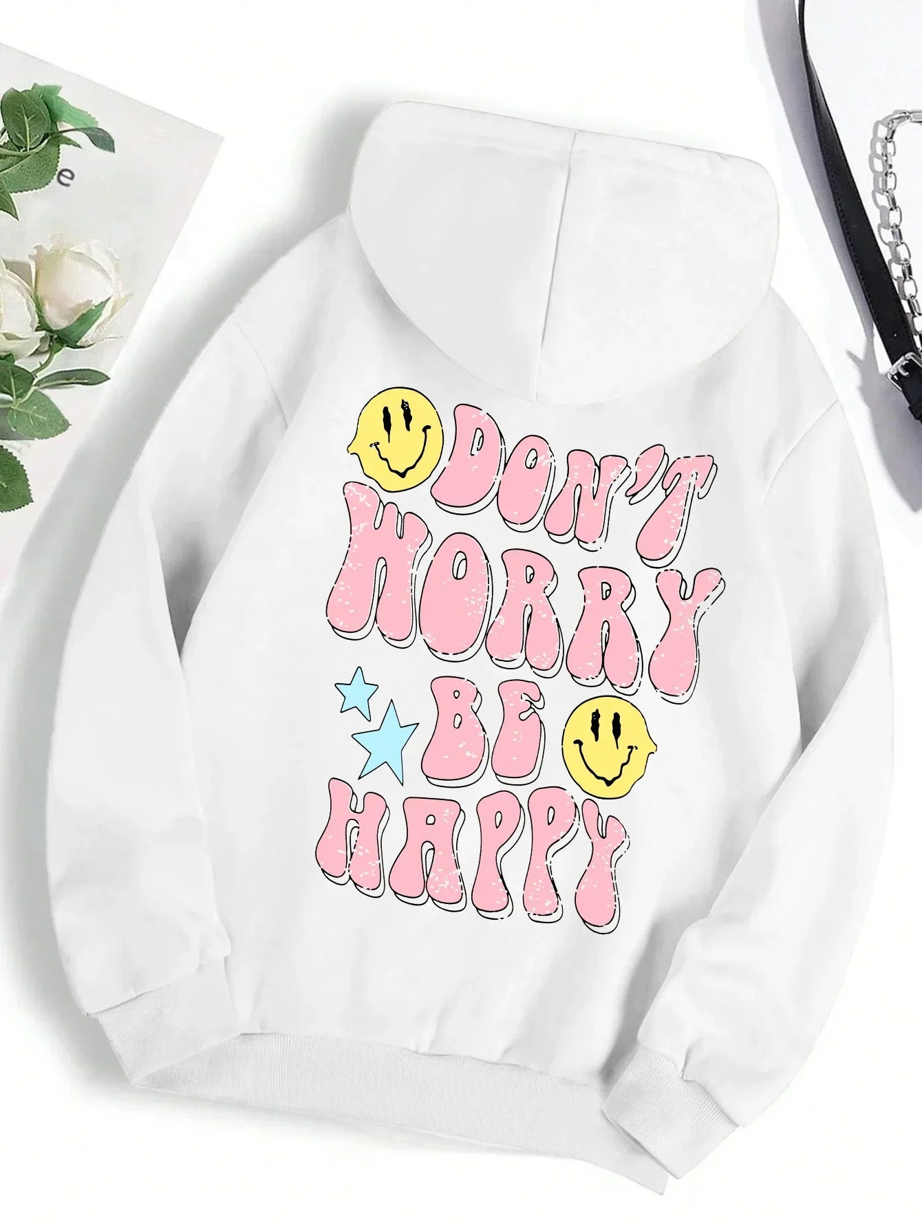 Women's gray fleece hoodie with "Don't Worry Be Happy" funny print, relaxed cozy fit