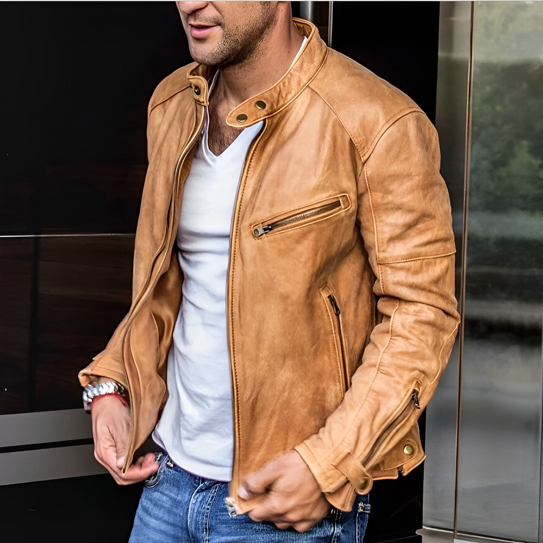 Men's black high collar jacket with silver buckle details, structured urban silhouette for everyday wear