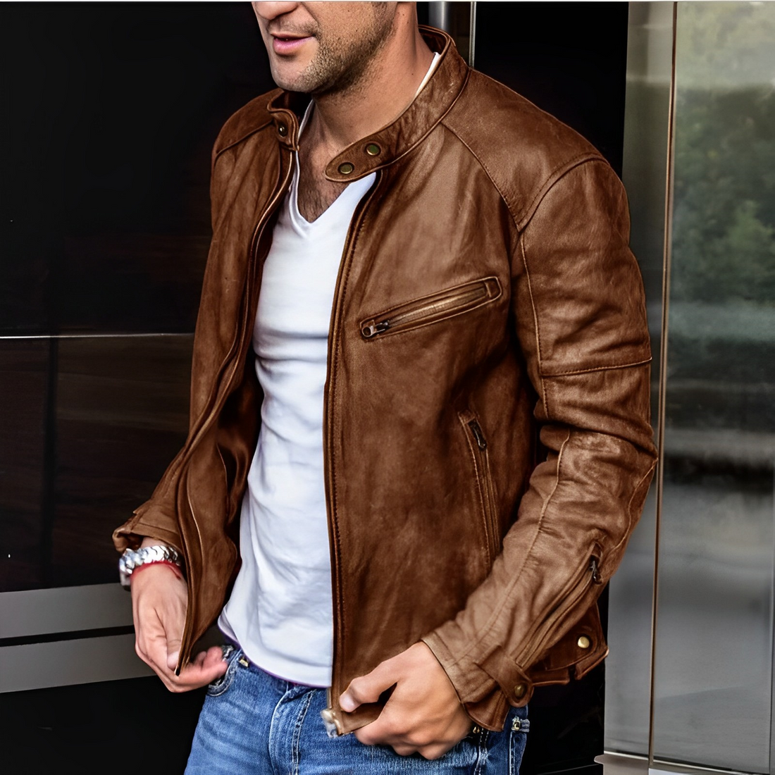 Men's black high collar jacket with silver buckle details, structured urban silhouette for everyday wear