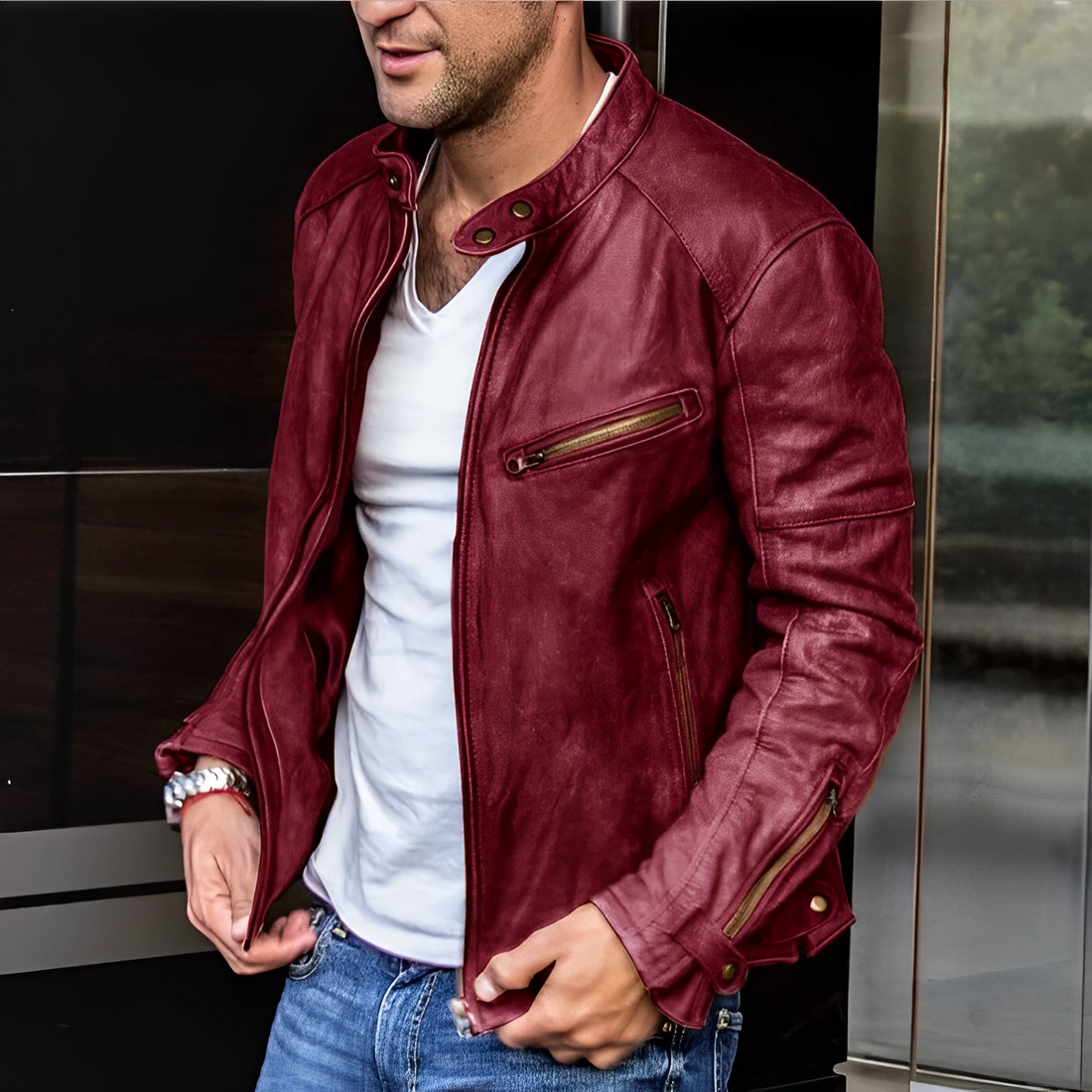 Men's black high collar jacket with silver buckle details, structured urban silhouette for everyday wear