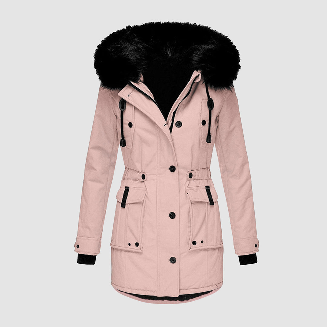 Women's knee-length wool-blend winter coat with water-repellent finish and structured modern silhouette