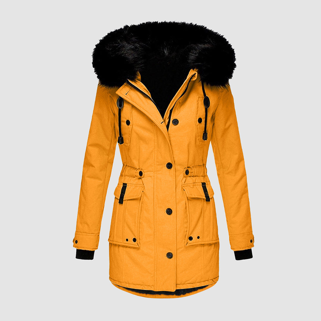Women's knee-length wool-blend winter coat with water-repellent finish and structured modern silhouette