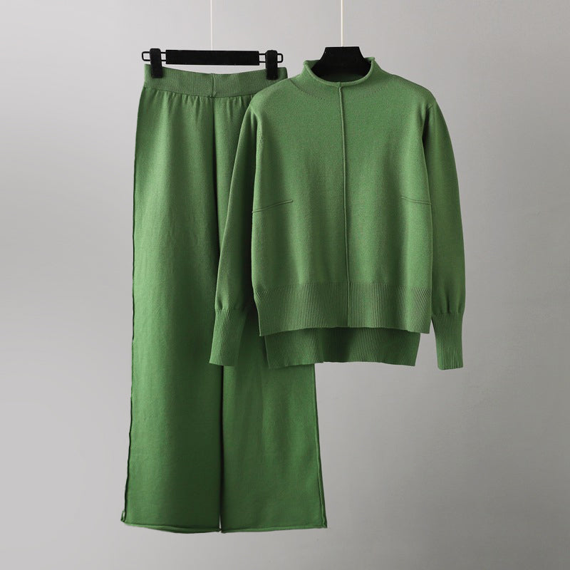 Women's beige knit lounge set with half turtleneck sweater and wide-leg flowing pants