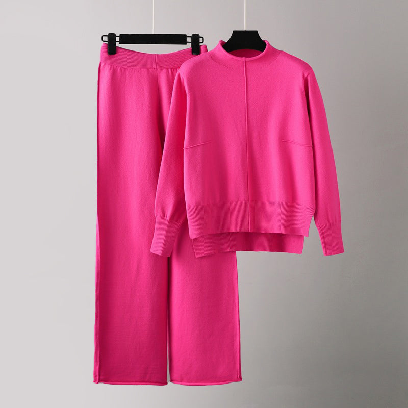 Women's ivory knit lounge set with half turtleneck sweater and wide-leg flowing pants