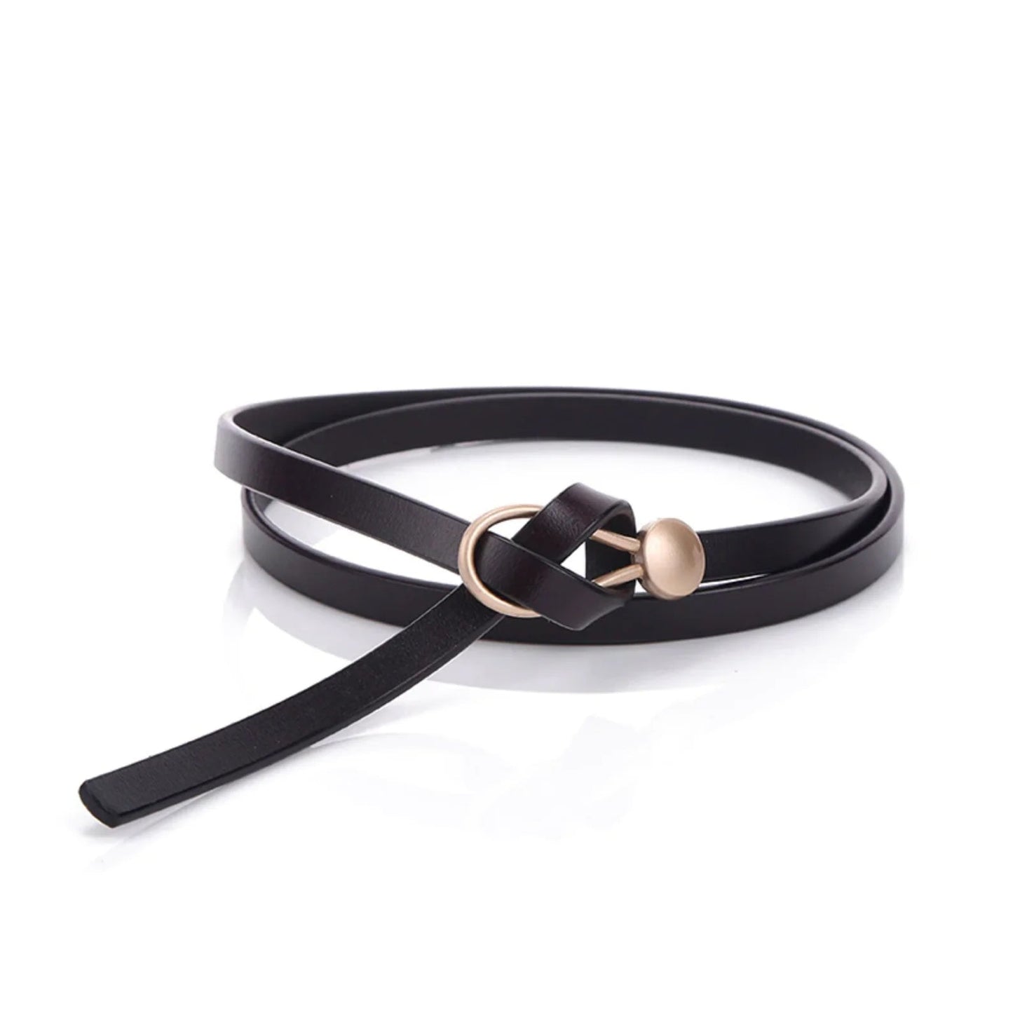 Women's slim brown leather belt with gold-toned buckle, narrow waist-cinching design for everyday elegance