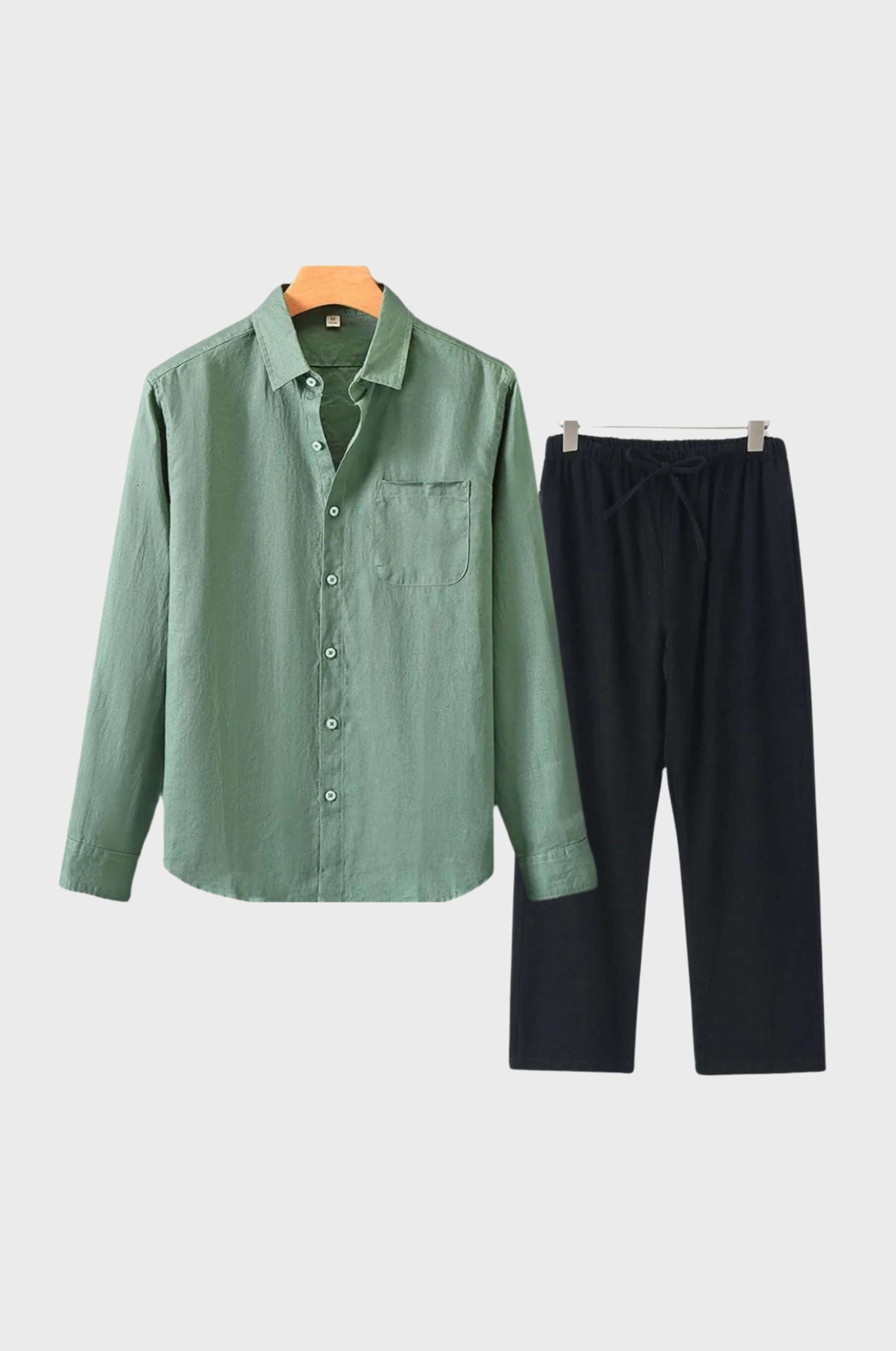 Men's beige linen matching set lightweight breathable modern fit shirt and pants summer style