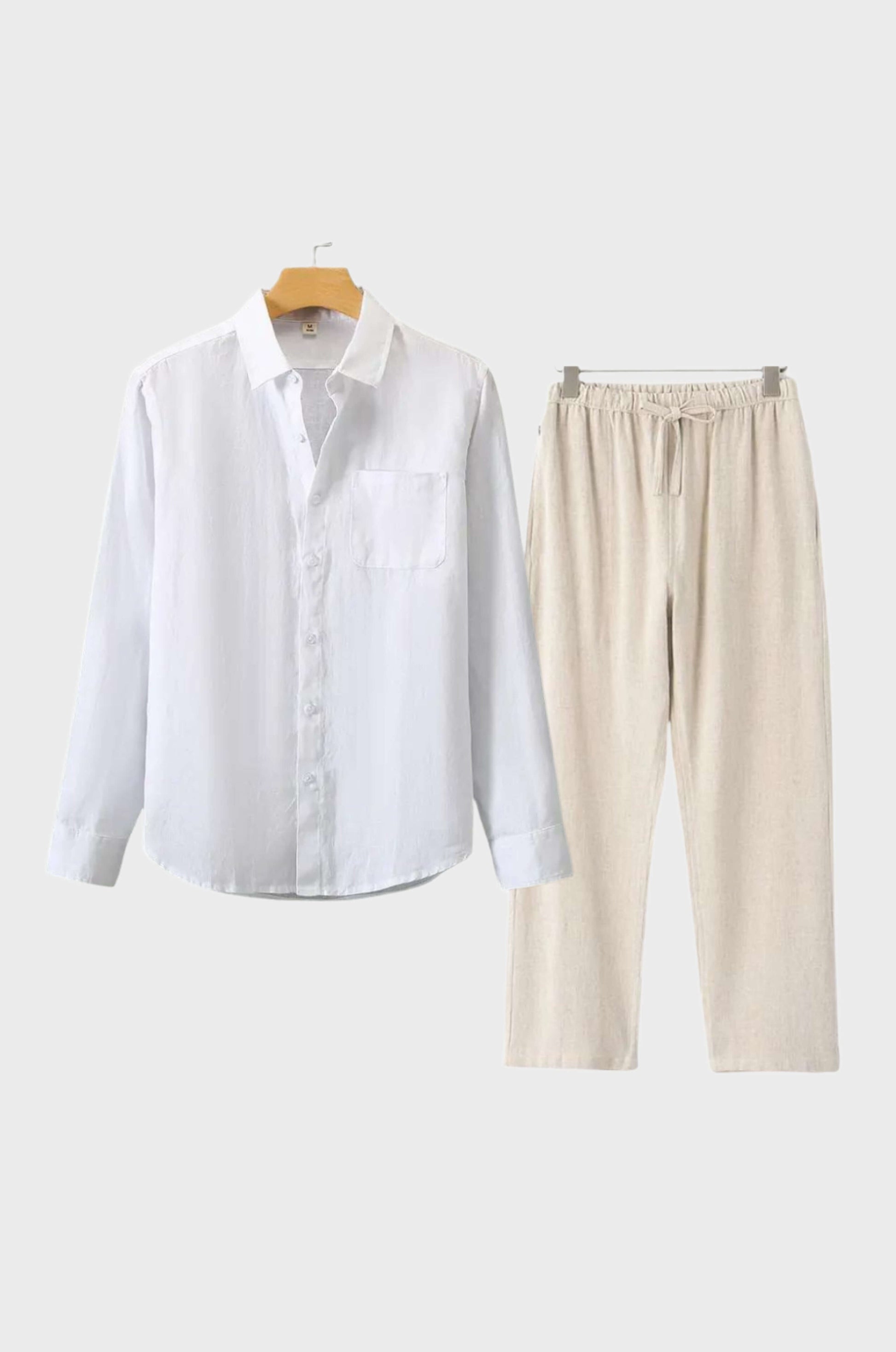 Men's beige linen matching set lightweight breathable modern fit summer two-piece