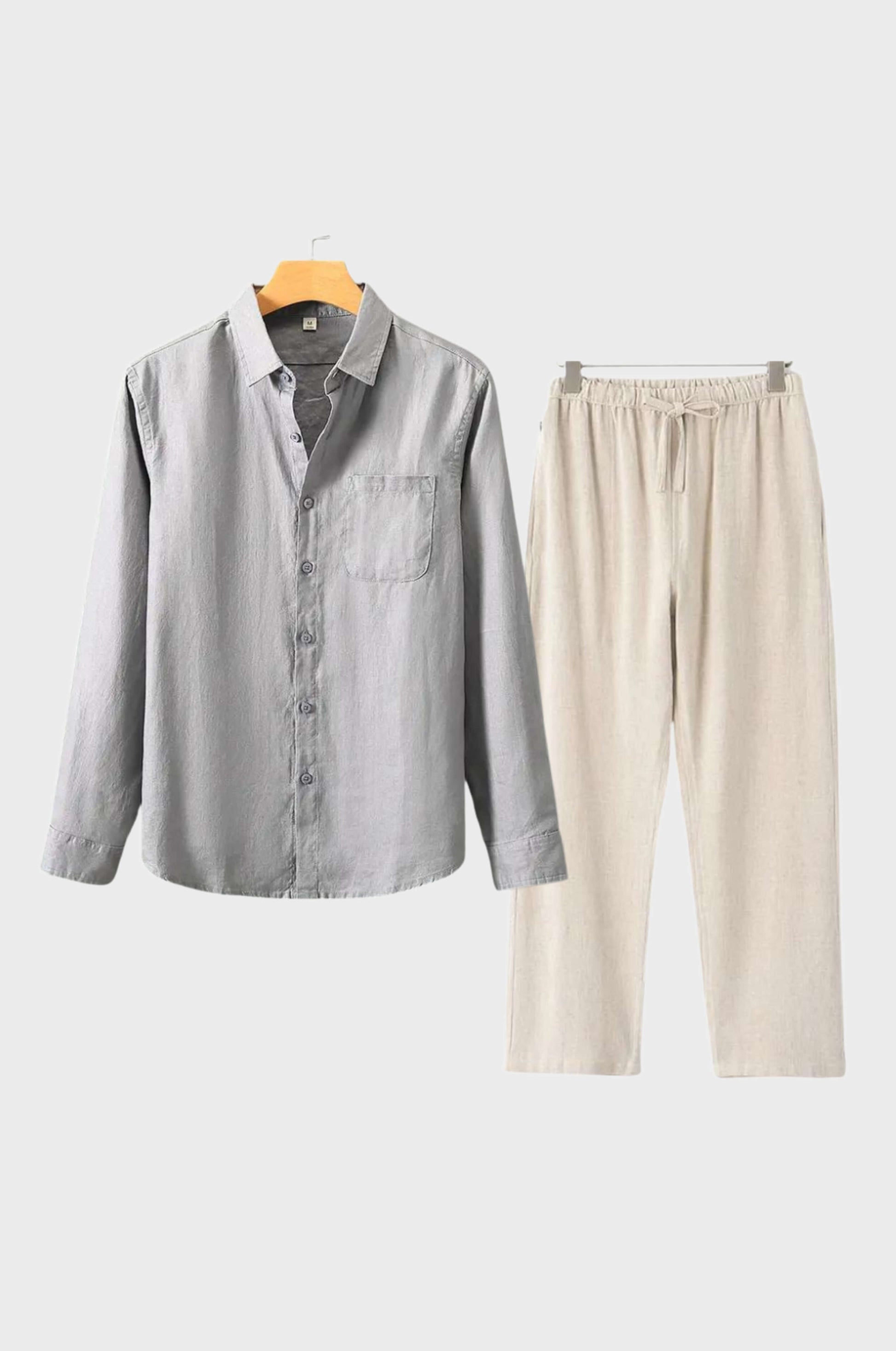 Men's beige linen matching set lightweight breathable modern fit two-piece summer outfit