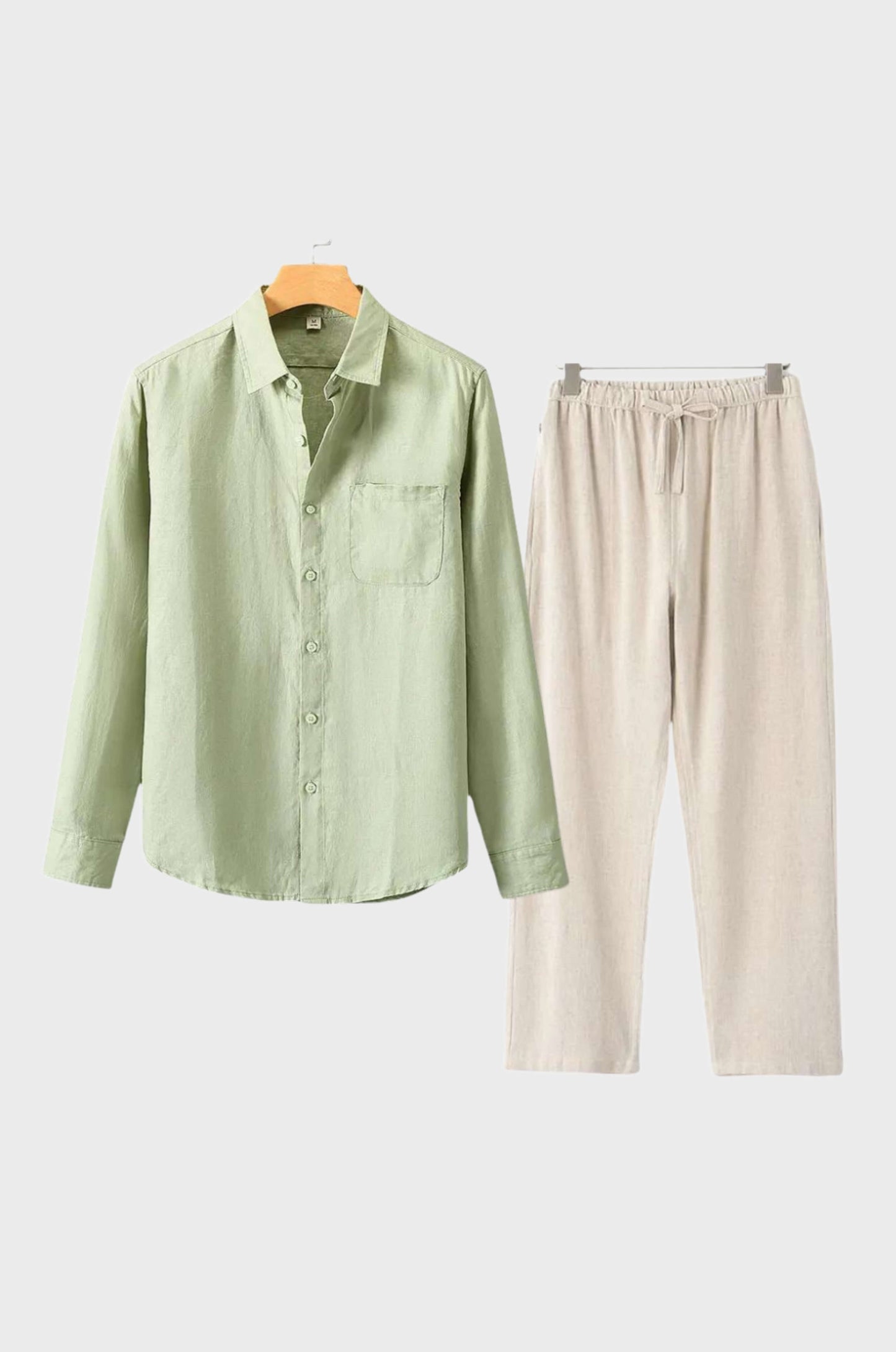 Men's beige linen matching set lightweight breathable modern silhouette summer two-piece outfit