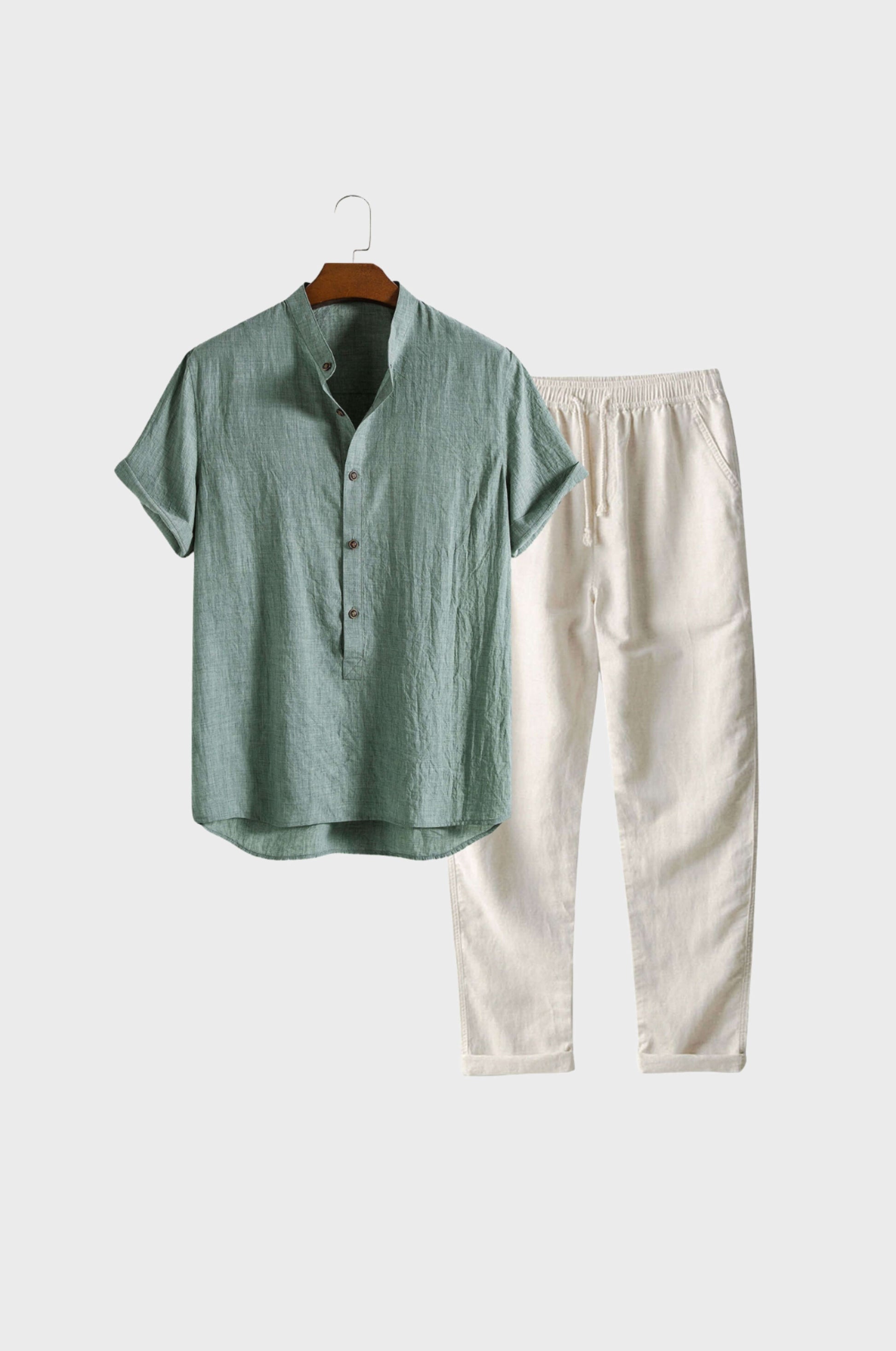 Men's beige linen matching set lightweight breathable modern fit perfect for summer
