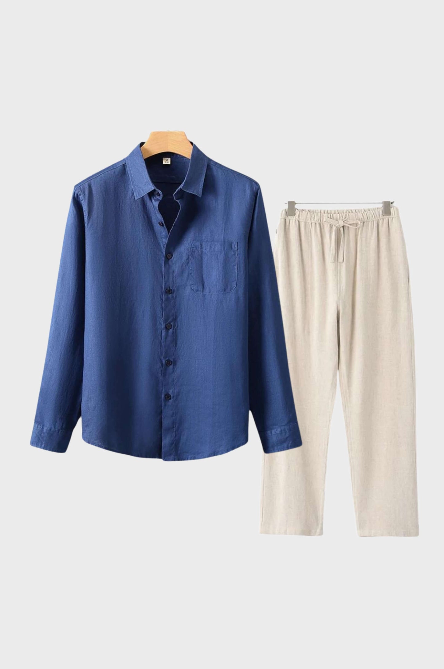Men's beige linen matching set lightweight breathable modern fit short sleeve shirt and pants