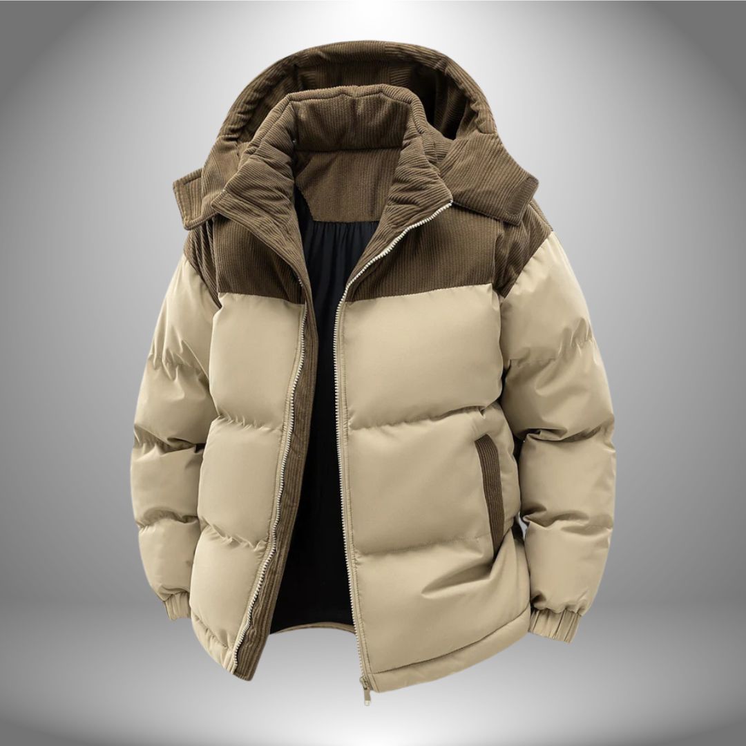 Black urban winter jacket with thick insulating lining, wind-resistant shell, modern slim fit