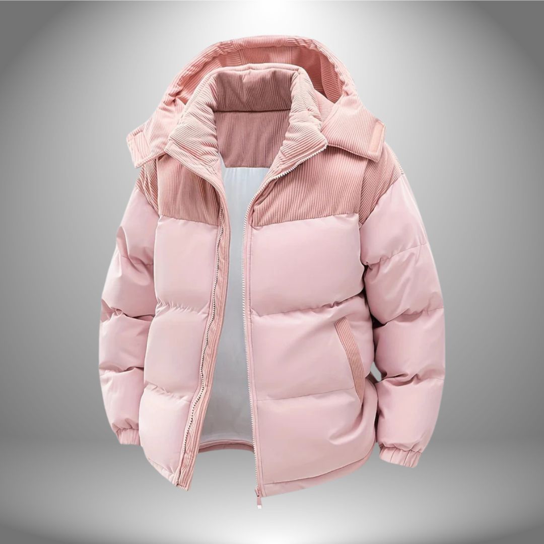 Black urban winter jacket with thick insulated lining, wind-resistant shell, modern slim fit