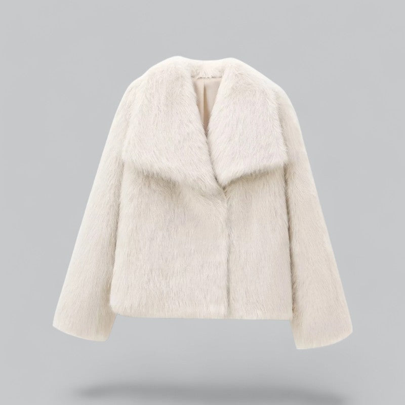 Women's plush faux fur winter coat in classic style, luxurious warmth with polished elegant silhouette