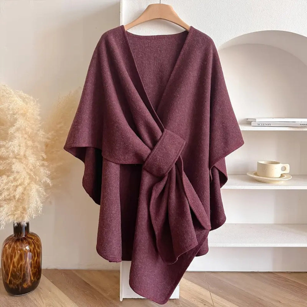 Women's oversized thigh-length cape, V-neck self-tie closure, asymmetrical hem, effortless chic drape
