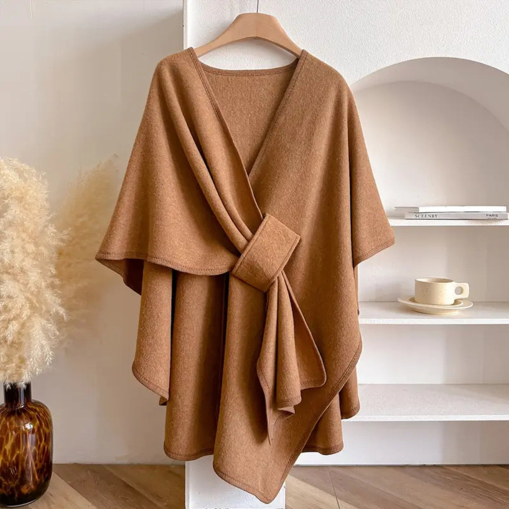 Women's oversized thigh-length cape, V-neck self-tie closure, asymmetrical hem, effortless chic style