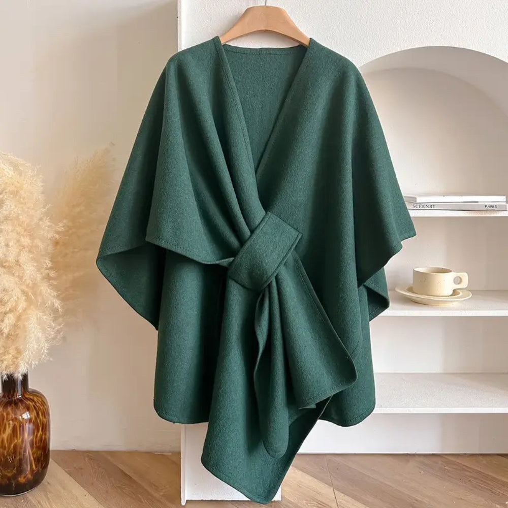Women's oversized thigh-length cape V-neck self-tie asymmetrical hem relaxed chic layering piece