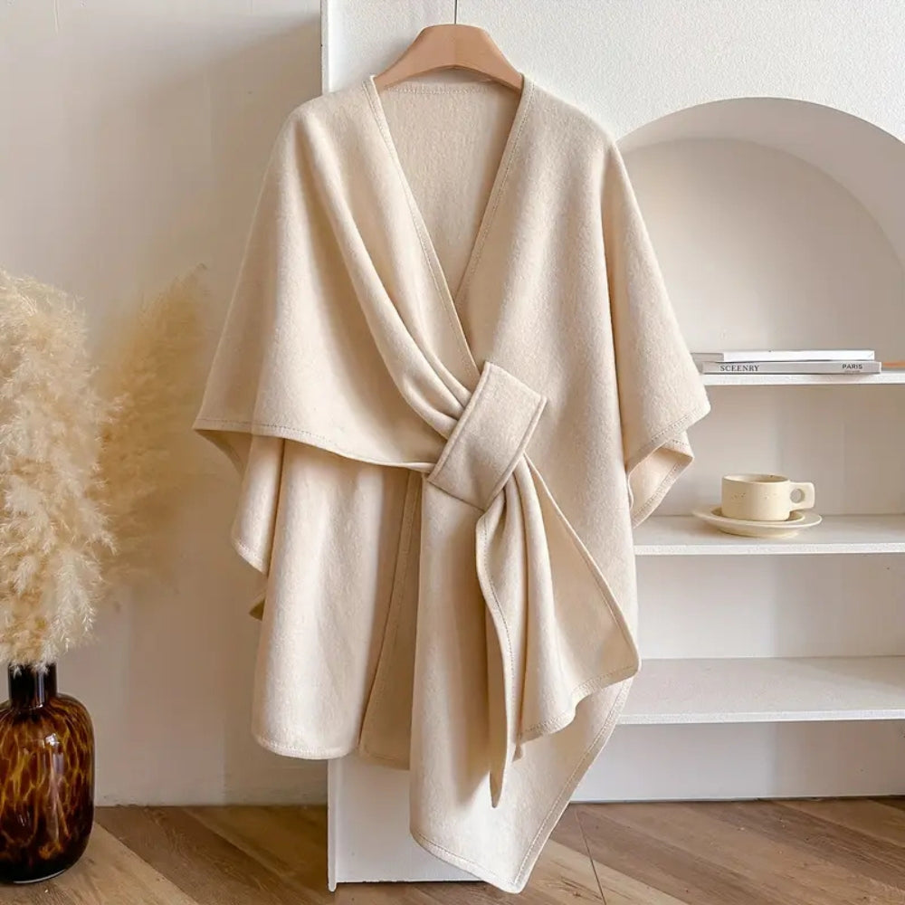 Women's oversized thigh-length cape, V-neck self-tie closure, asymmetrical hem, effortless chic layering piece