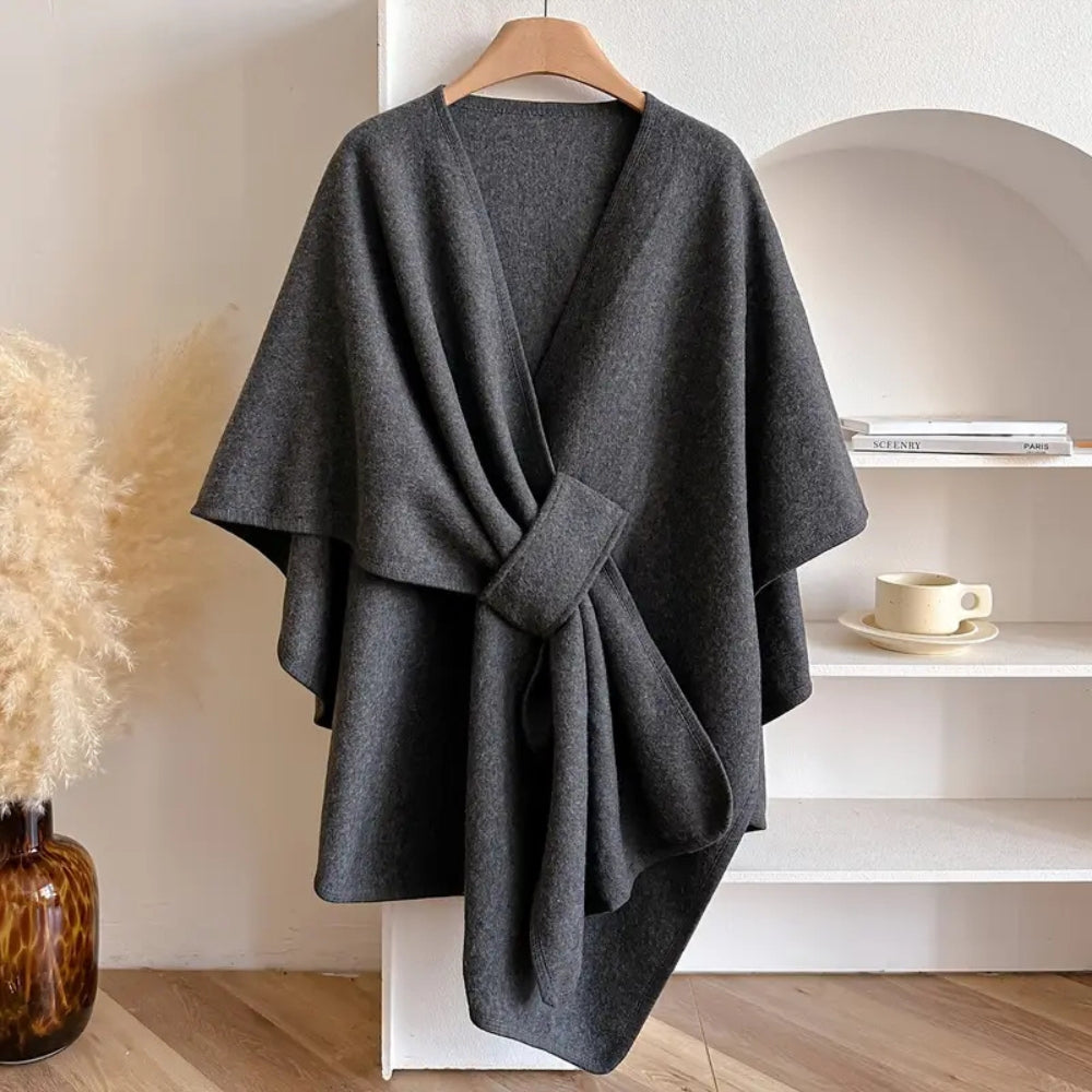 Women's oversized thigh-length cape, V-neck self-tie closure, asymmetrical hem, effortless chic drape