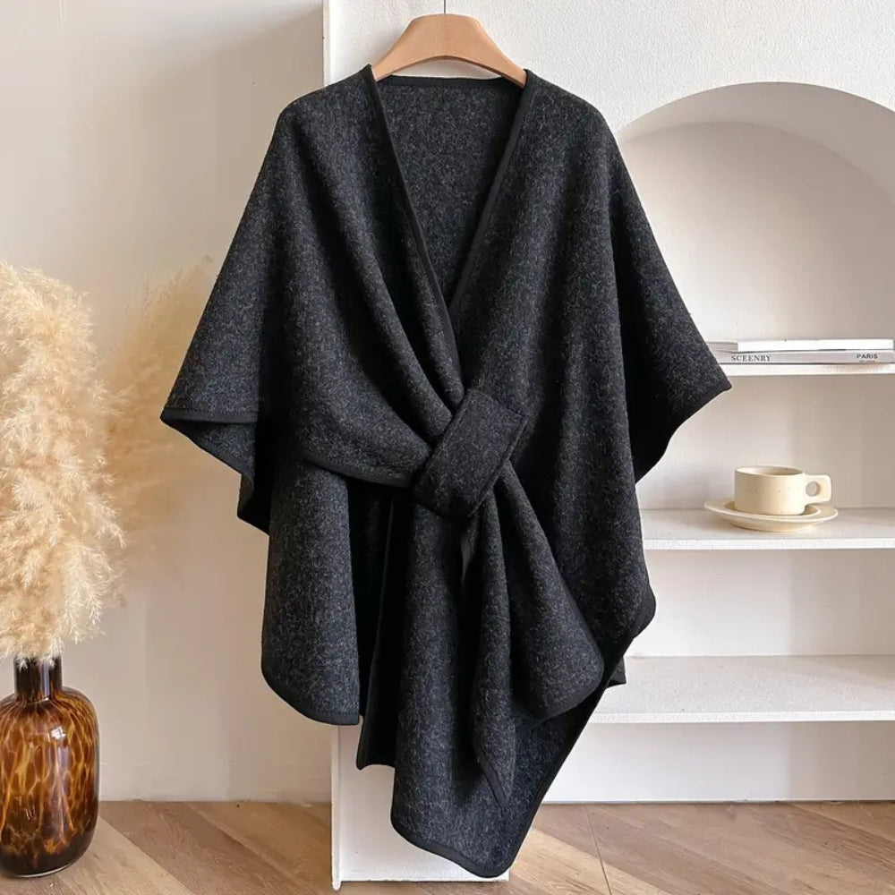 Women's oversized thigh-length cape V-neck self-tie asymmetrical hem relaxed drapey chic layer