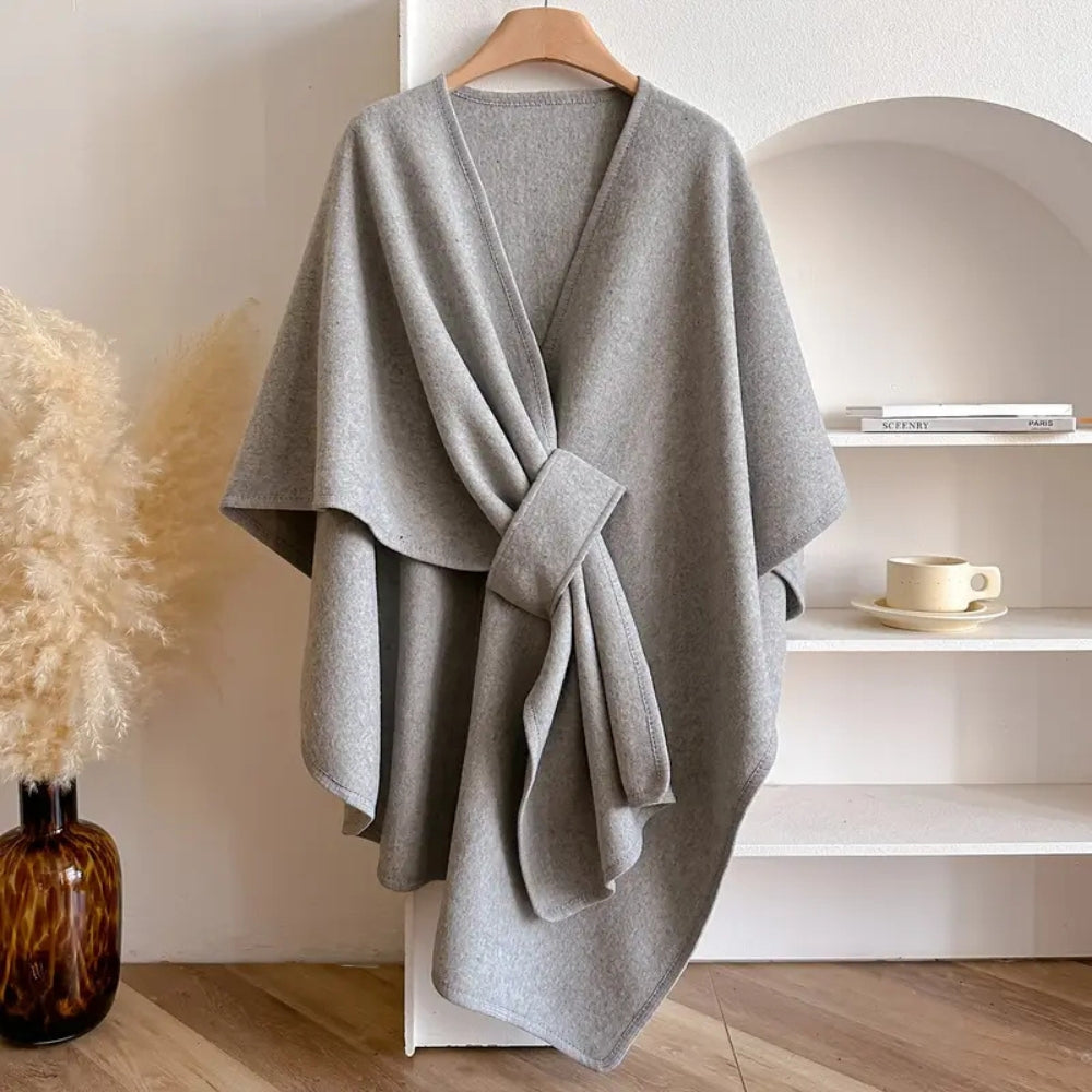Women's oversized thigh-length cape, V-neck self-tie closure, asymmetrical hem, effortless chic drape