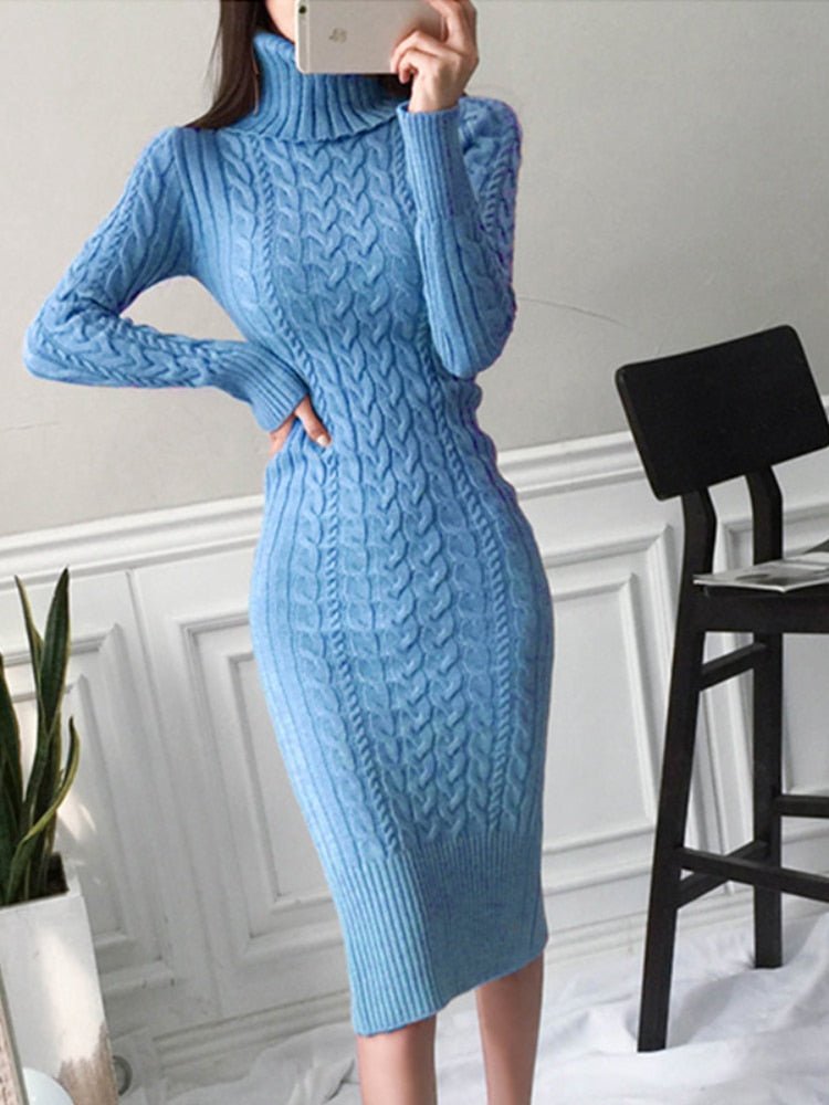 Women's fitted midi turtleneck cable knit jumper dress in neutral tone for all-day sophistication