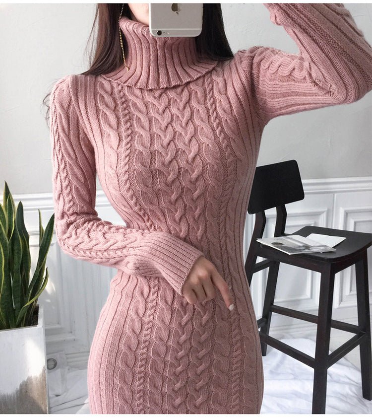 Women's fitted midi turtleneck jumper dress in cable knit texture, elegant all-day sophistication