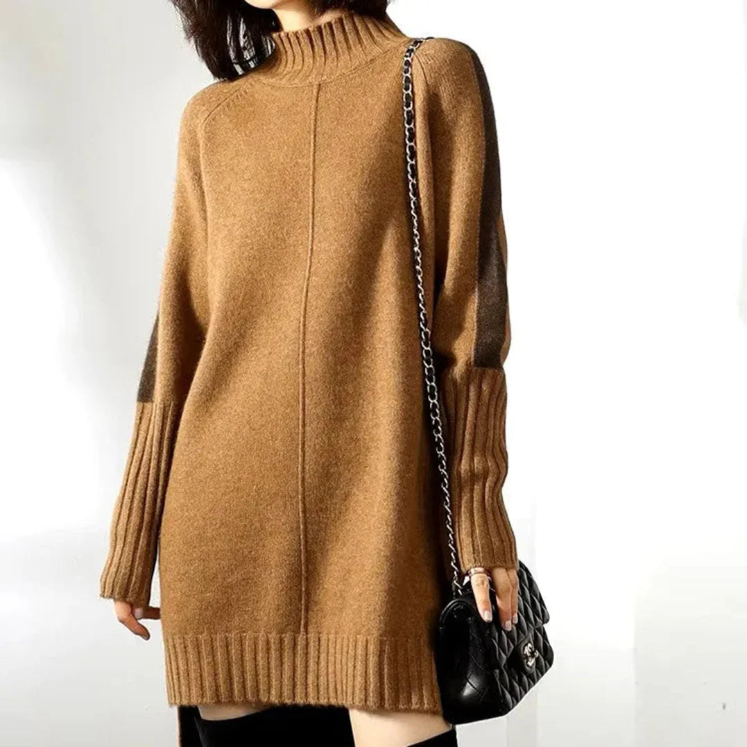 Women's dual-tone colorblock oversized knit sweater dress relaxed fit plush mock neck