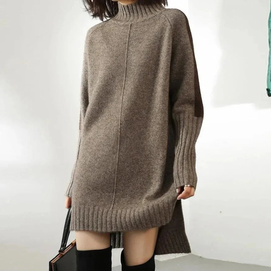 Women's dual-tone colorblock oversized knit sweater dress with plush mock neck cozy relaxed fit