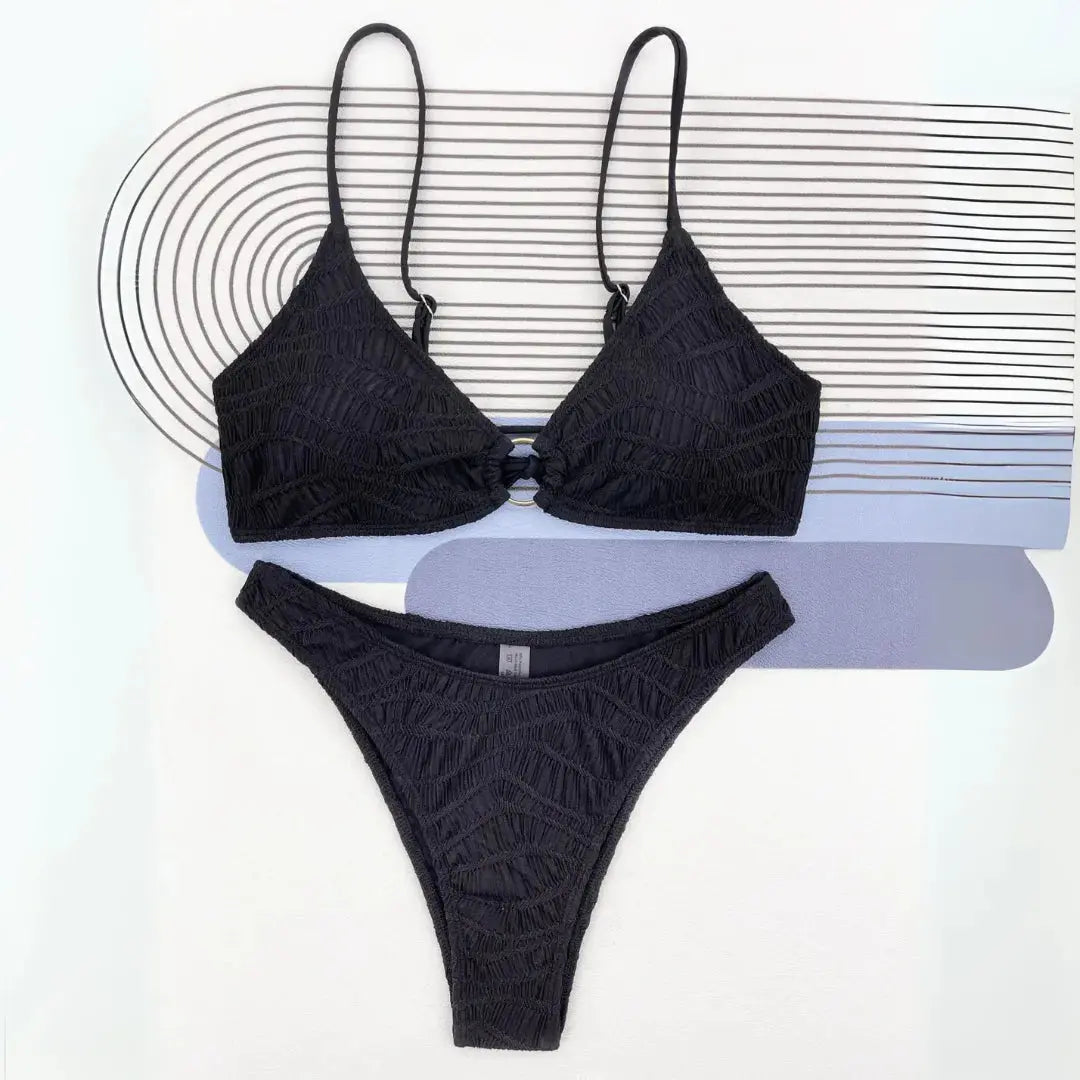 Black triangle ring bikini set push-up top high cut bottoms with ring-front detail