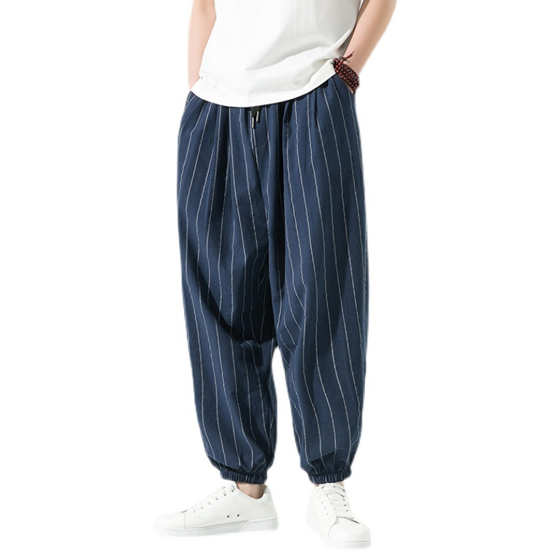 M. Watanabe men's harem joggers beige cotton linen blend vertical pinstripe tapered ankles