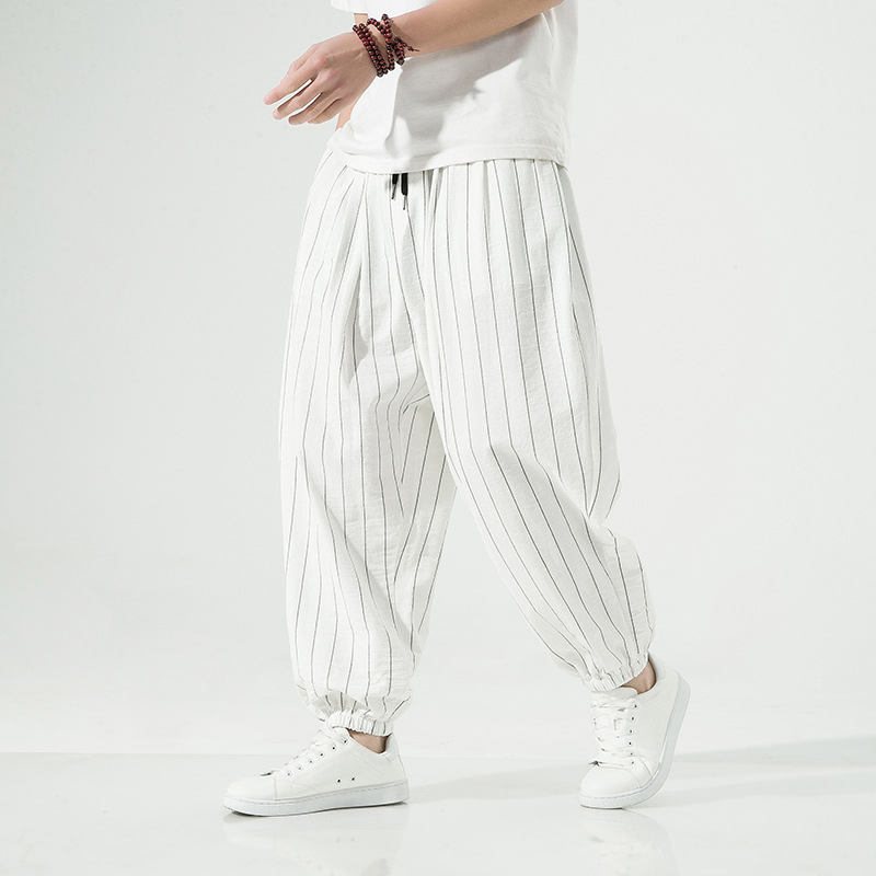 M. Watanabe loose-fit harem joggers cotton linen blend vertical pinstripe tapered elastic ankles