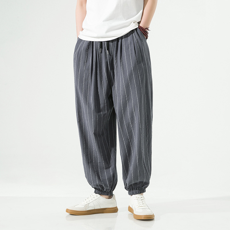 M. Watanabe loose-fit harem joggers cotton linen blend vertical pinstripe tapered elastic ankles