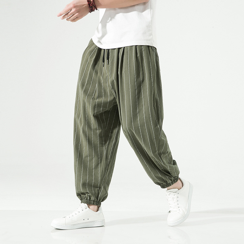 M. Watanabe loose-fit harem joggers, breathable cotton linen blend, vertical pinstripe, tapered elastic ankles