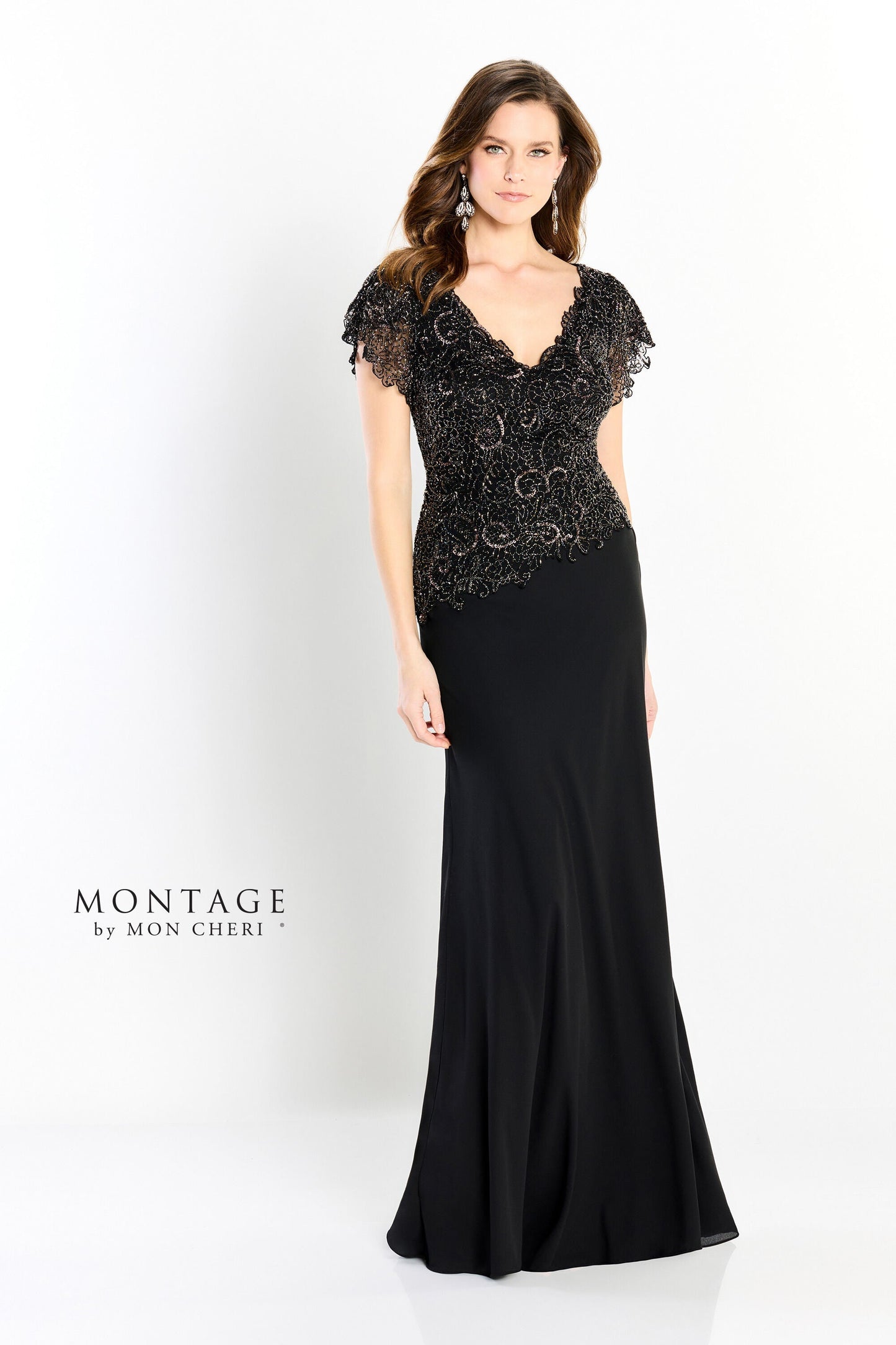 Silver black beaded full-length mother of the bride gown with short sleeves and intricate formal beadwork
