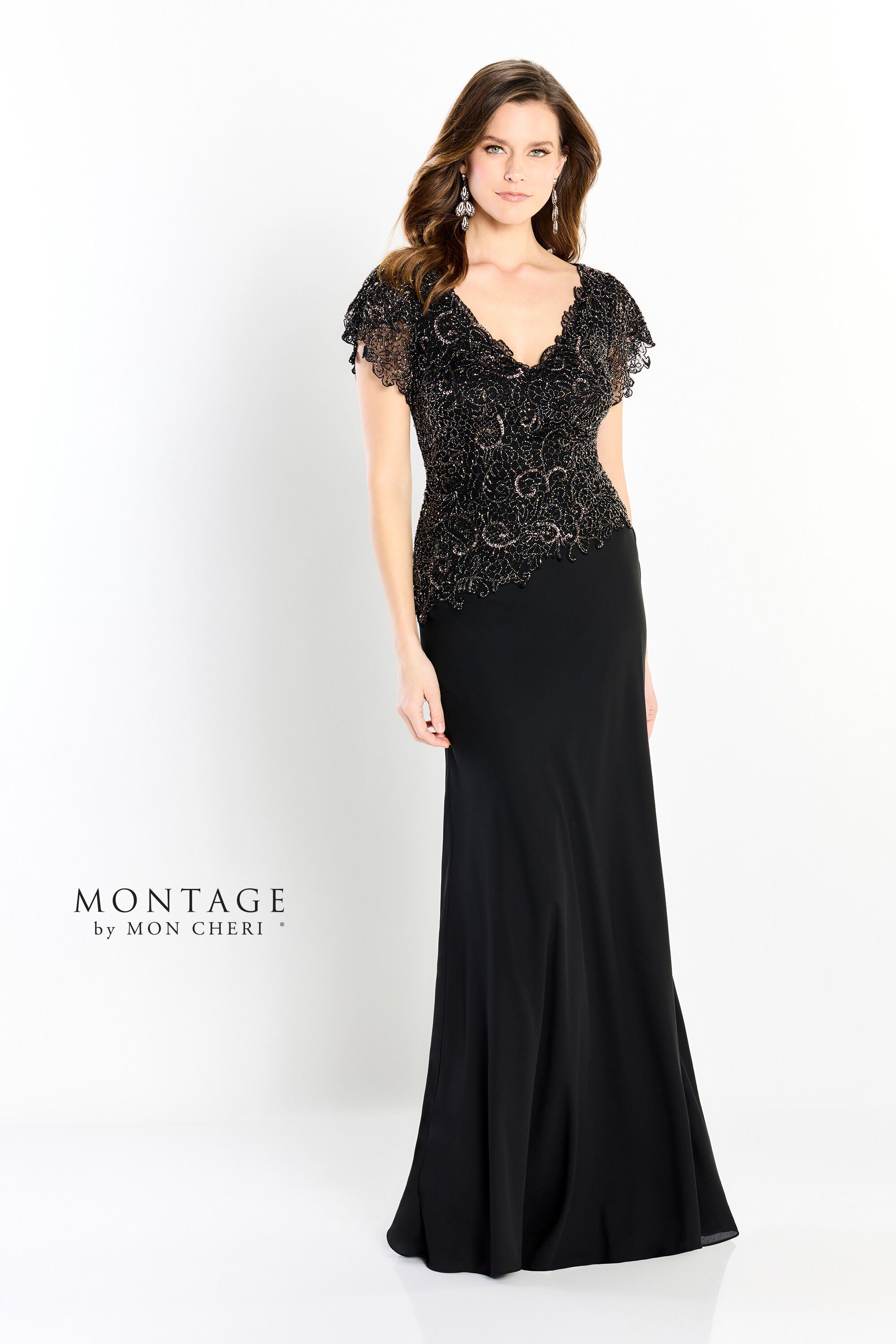 Silver black beaded full-length mother of the bride gown with short sleeves and intricate formal beadwork