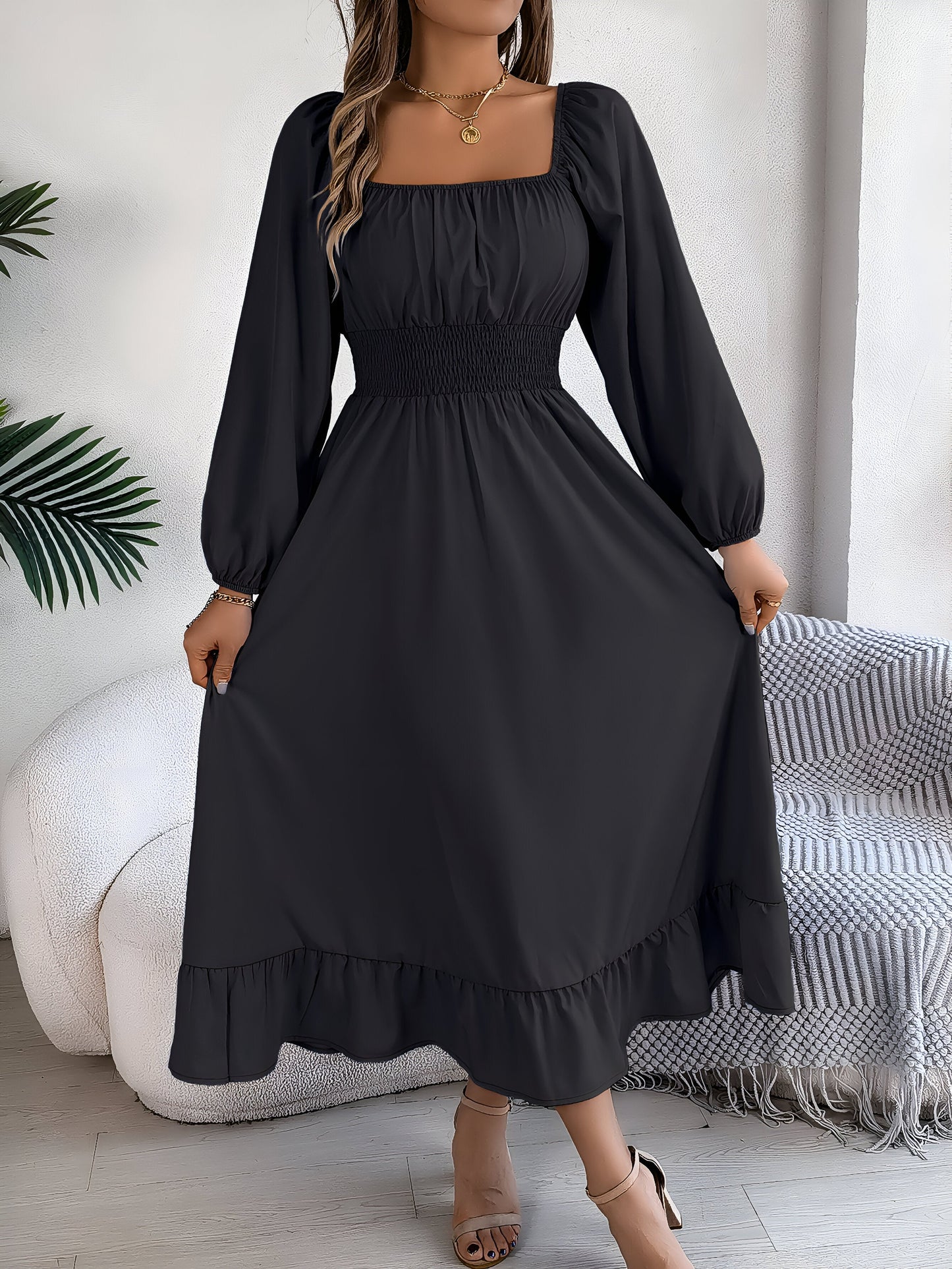 Elegant high-waisted ruffled bridesmaid dress in spring summer styles with flattering feminine silhouette