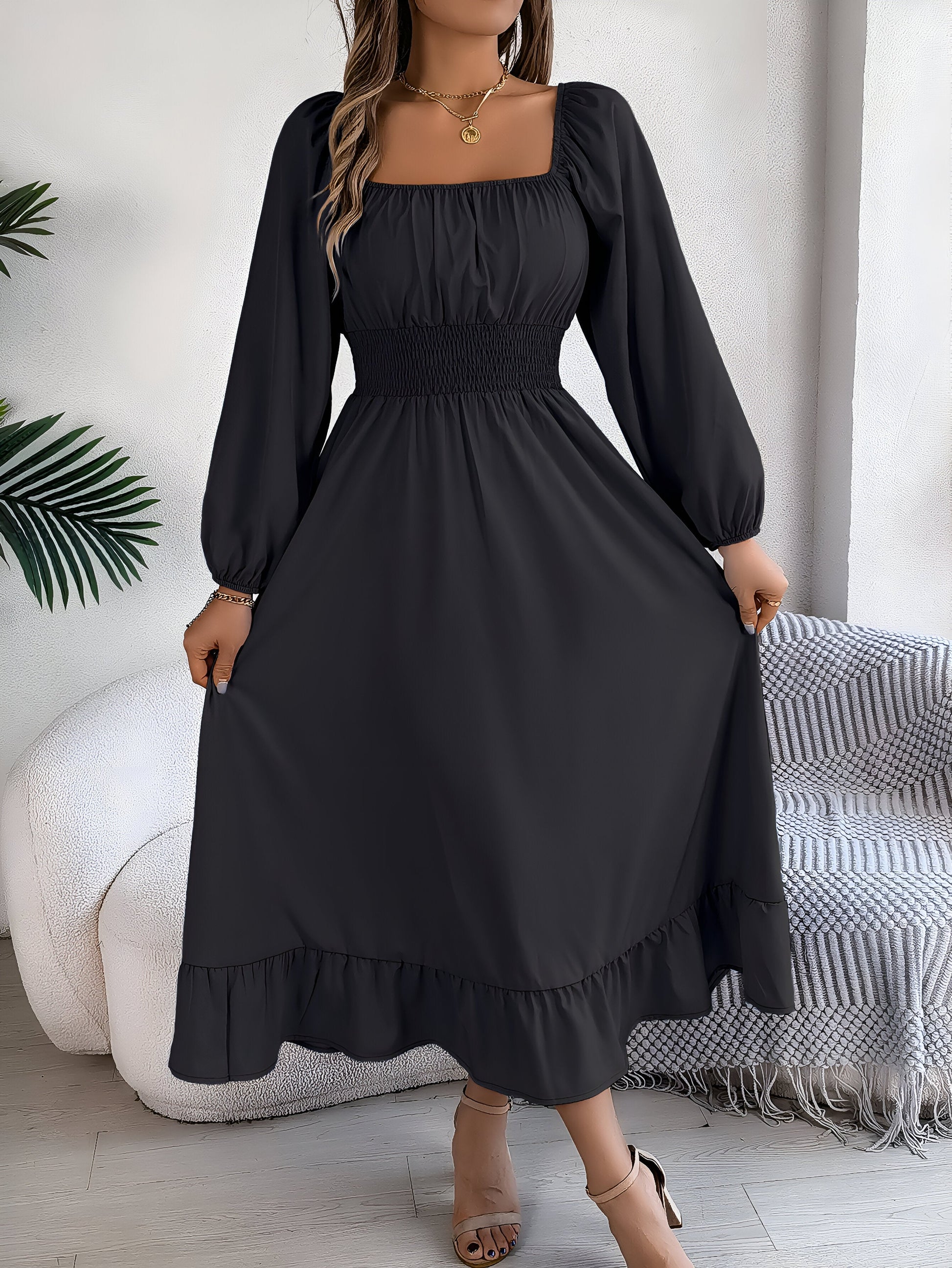 Elegant high-waisted ruffled bridesmaid dress in spring summer styles with flattering feminine silhouette