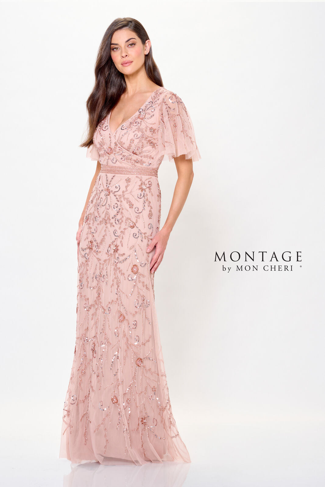 Navy rose gold beaded A-line long mother of the bride tulle gown with sequin embellishments