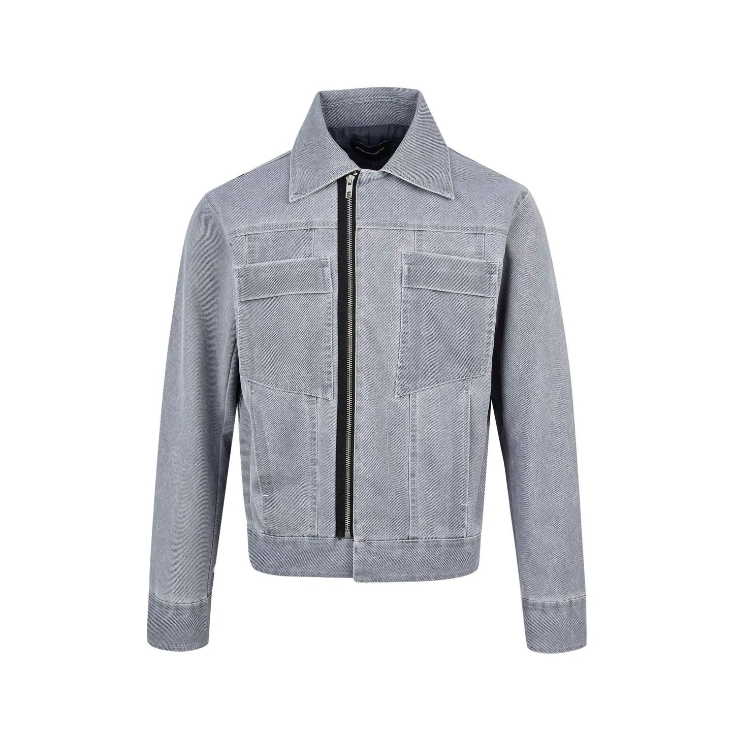 Black vintage streetwear jacket with asymmetrical crooked zipper and bright contrast line accents