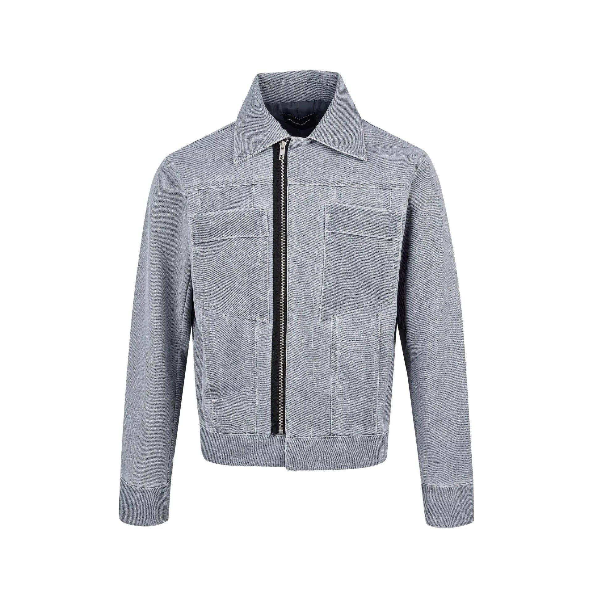 Black vintage streetwear jacket with asymmetrical crooked zipper and bright contrast line accents
