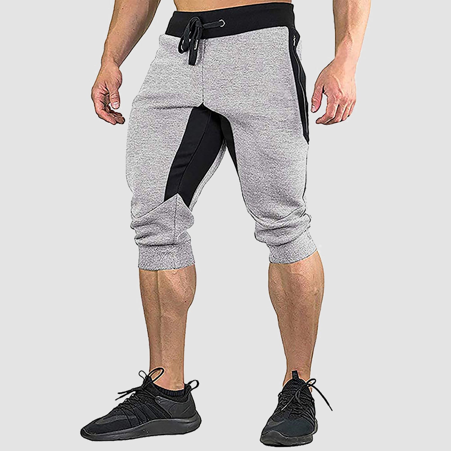 Men's gray cropped cotton stretch sweatshorts athletic fit elastic waistband multi-pocket gym running