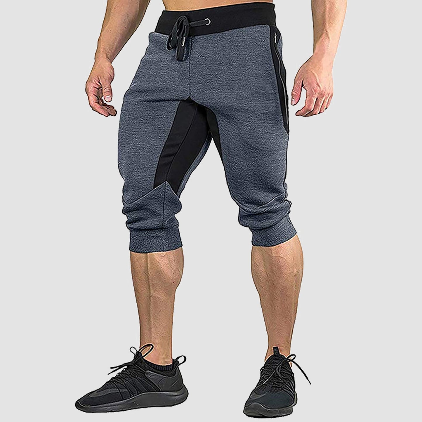 Men's gray cropped cotton stretch sweatshorts with elastic waistband and multi-pocket athletic fit