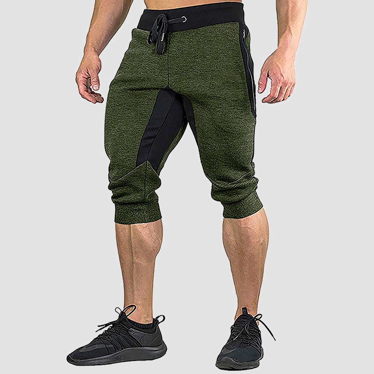 Men's gray cropped stretch cotton sweatshorts with elastic waistband and multi-pocket design