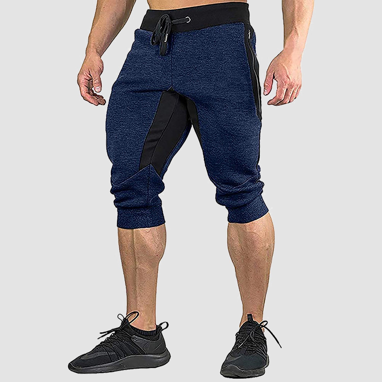 Men's gray cropped cotton stretch sweatpants with elastic waistband and multi-pocket gym shorts