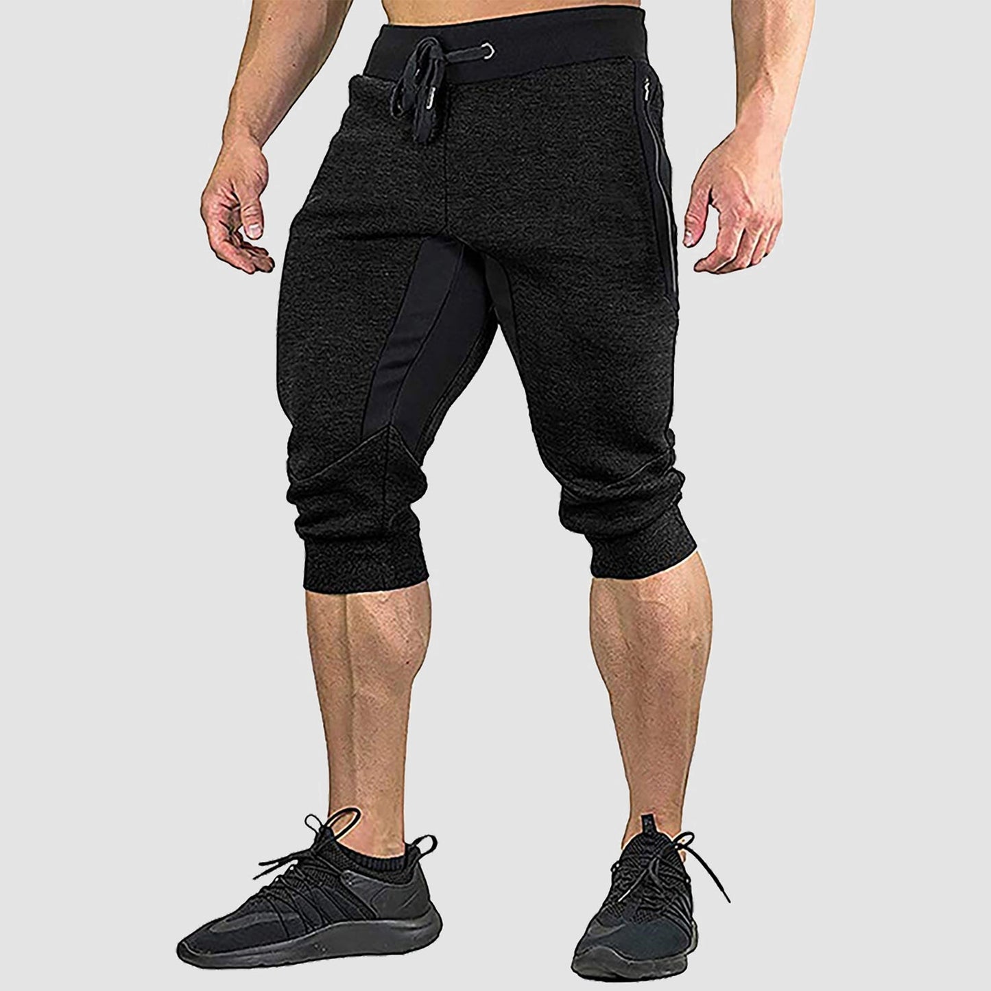 Men's gray cropped stretch cotton sweatshorts with elastic waistband and multi-pocket design