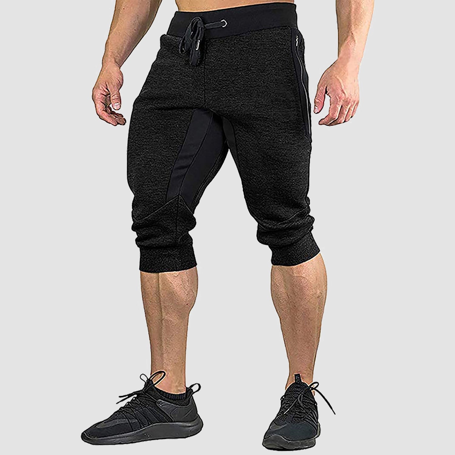 Men's gray cropped stretch cotton sweatshorts with elastic waistband and multi-pocket design