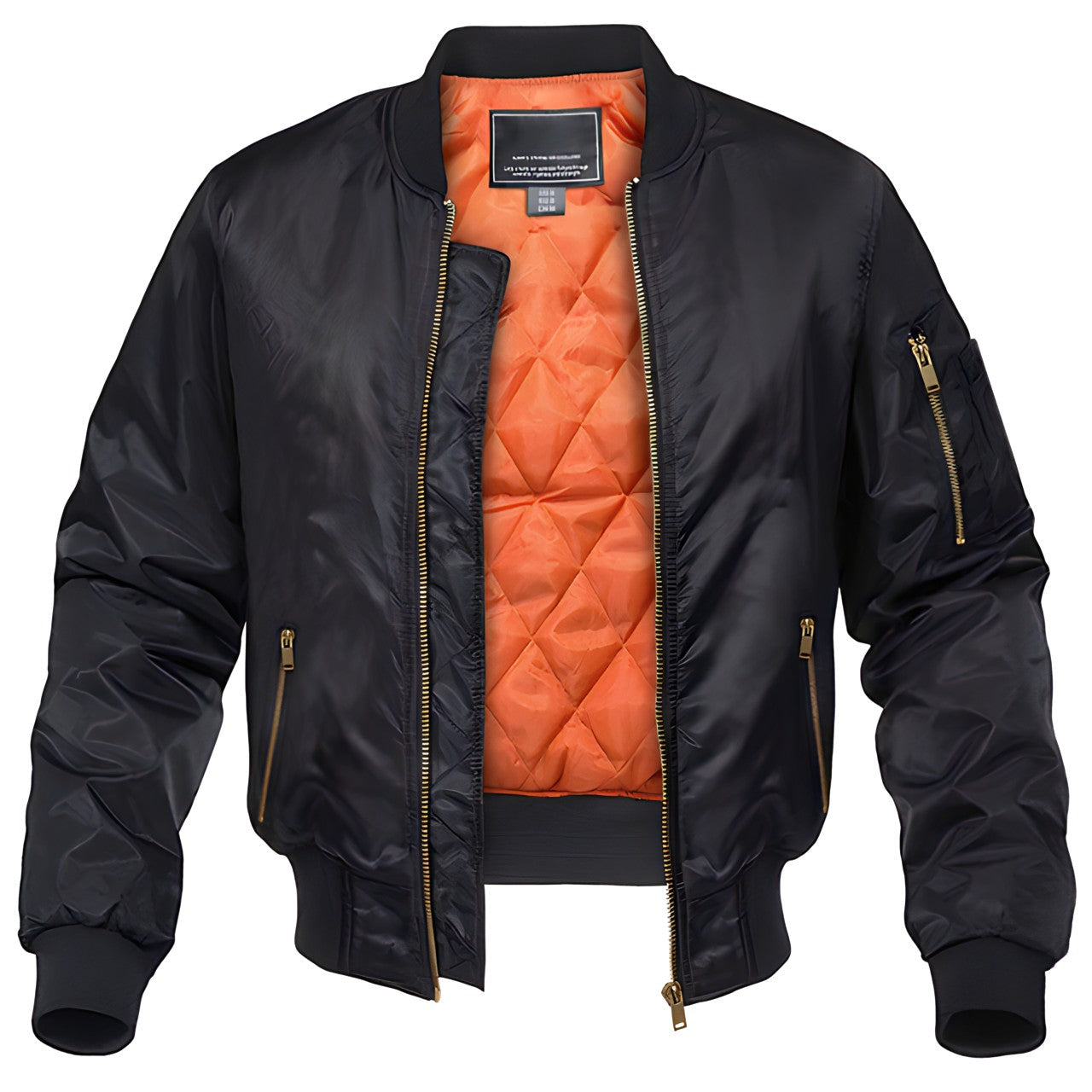 Women's pilot bomber jacket black warm autumn outerwear with bold fluffy orange lining